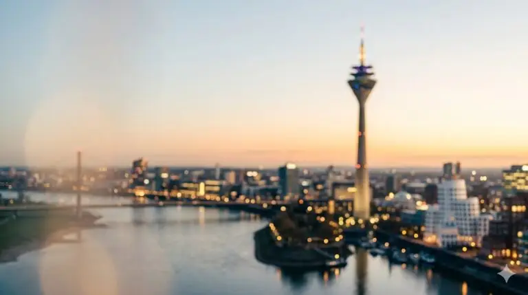 Düsseldorf bei Sonnenuntergang am Rhein